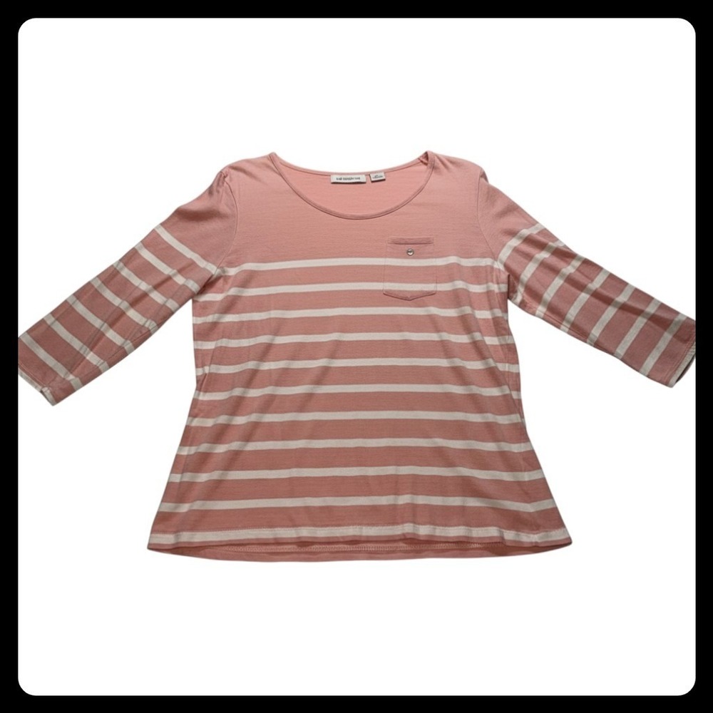 Liz Claiborne Top Women XL Pink Striped 3/4 Sleeve Cotton Casual